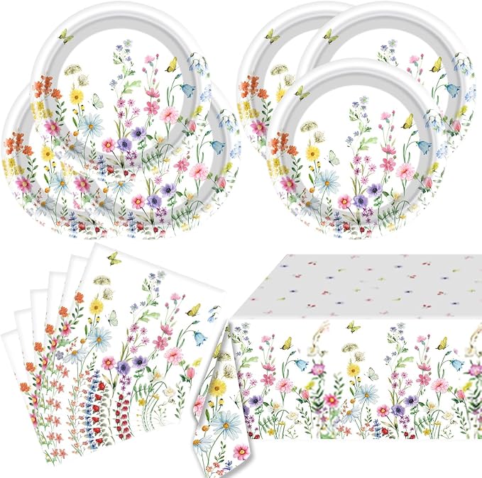 Wildflower Plates and Napkins Party Supplies, Floral Tablecloth | 24 Serves by Unknown