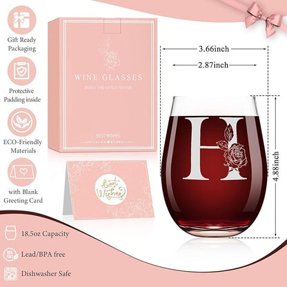 Valentines Day Gifts for Her, Gifts for Women Her Friend Mom Grandma Wife Sister Bridesmaid Nurse, Birthday Galentines Mothers Day Christmas, Personalized Initial Customized Wine Glasses 18OZ(H)
