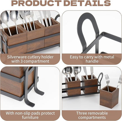 Wooden Utensil Holder with Drain Holes - 3 Compartments Farmhouse Kitchen Utensil Caddy Silverware Holder, Black Metal Tray Flatware Organizer for Spoons Forks Knives (New Improved Version)