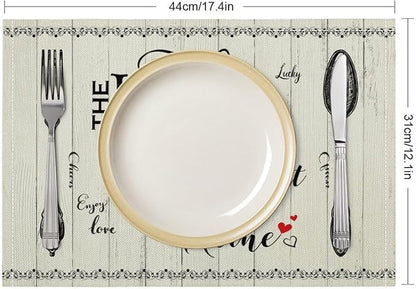 Retro Farmhouse Placemat Set, Minimal Black White Rustic Plank Art Sketch Cutlery Knife Fork Inspirational Quotes Pattern Home Decor Linen Table Mats for Dining Room Kitchen Party (17x12in) x2P