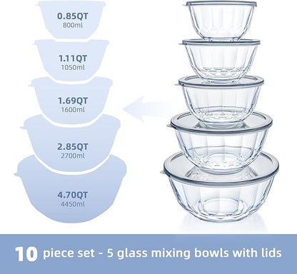 WhiteRhino Glass Mixing Bowls with Lids Set of 5（4.70QT,2.85QT, 1.69QT,1.11QT,0.85QT,Glass Bowls with Lids,Large Salad Bowls Space-Saving Nesting for Cooking,Baking,Prepping,Dishwasher Safe