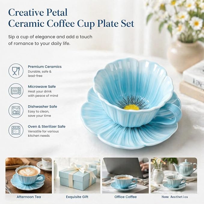 8.8 oz Tea Cups and Saucers, Flower-Shaped Ceramic Latte Art Cappuccino Cup and - Image 4