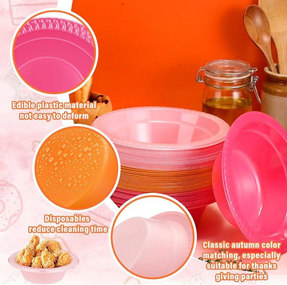 Layhit 100 Pcs Pink and Orange Disposable Plastic Bowls 12 oz Sunset Tropical Soup Dessert Salad Bowl Candy Snack Bowls Serving Supplies for Holiday Birthday Party Picnic