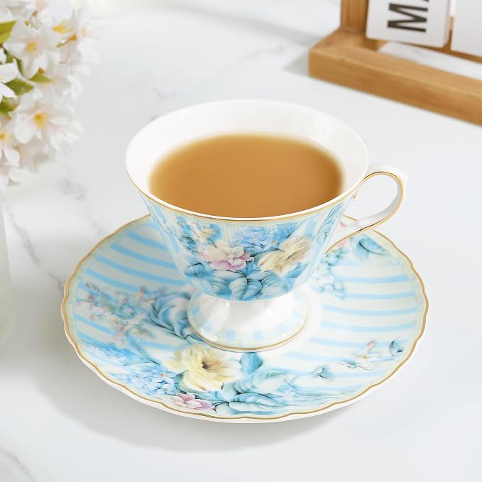 fanquare Vintage Blue Striped Tea Cup and Saucer, Hydrangea Flower Coffee Mug - Image 5