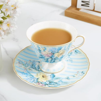 fanquare Vintage Blue Striped Tea Cup and Saucer, Hydrangea Flower Coffee Mug - Image 5