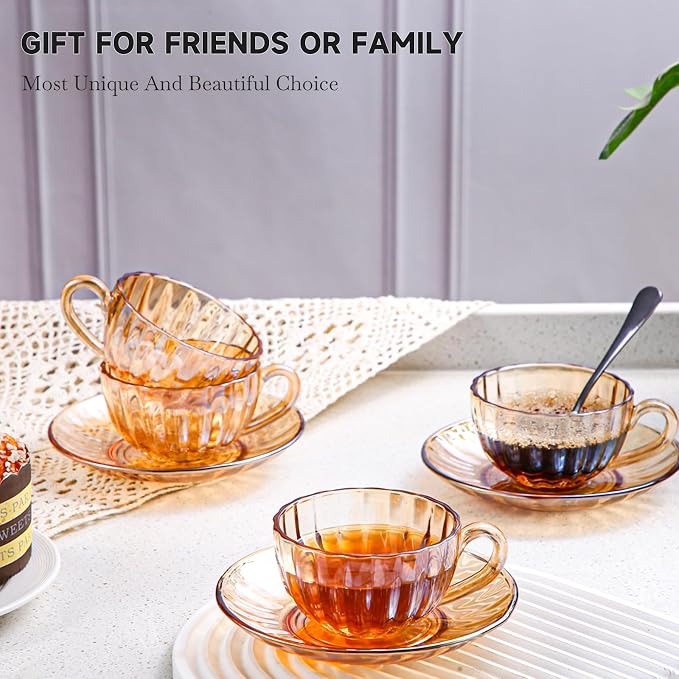 Glass Tea Cups and Saucers Set of 6, Glass Coffee Mugs - Image 4