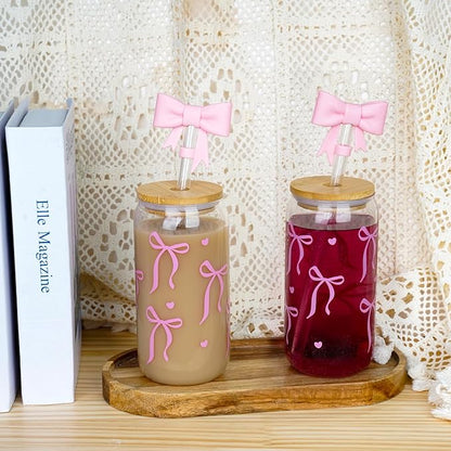 Mason Life Coquette Pink Glass Cups 18OZ Cute Bow Tumbler Glass Cup with Keychain and Straw Cover Valentines Day Galentines Gift for Iced Coffee Smoothie Cocktail Matcha Teen Girls Preppy Stuff