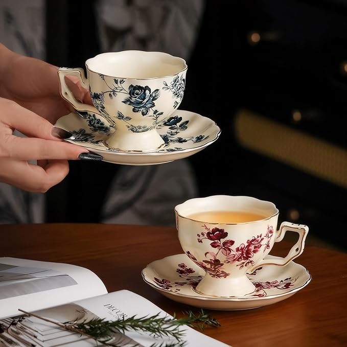 KAMMAK Tea Cups and Saucers Set of 2, 6.8 oz Porcelain Coffee Cups, 563N | - Image 6