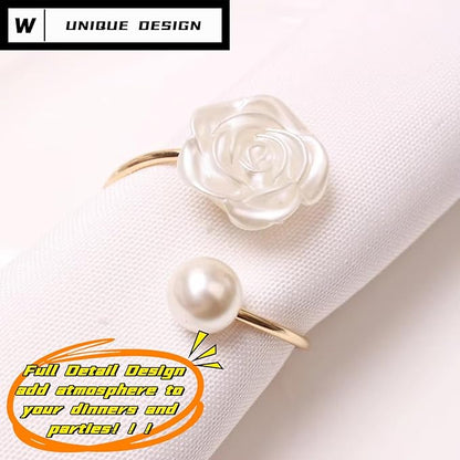Decorative Napkin Rings Set of 6,Holders Decor Dinner Party,Wedding,Anniversary,Birthday,Table Decor Gift (White Pearl)