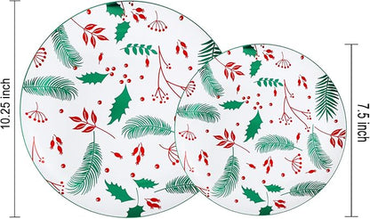 NOCCUR 60PCS Christmas Disposable Plates - Green & Red Plastic Dinner Plates, 30 Dinner & 30 Salad Plates - Pine Needle & Berry Design, Heavy Duty for Christmas Parties