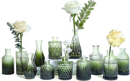 Green Glass Bud Vases Set of 12, Mini Flower Vase for Centerpieces, Small Glass Vases in Bulk for Wedding Decorations, Vintage Vase for Bridal Shower, Party, Recepetion, Home Table Décor