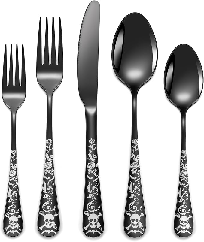 Skull Black Silverware Set for 8, 40-Piece Pirate Rose Flatware Set, Gothic by MetalServingUtensils