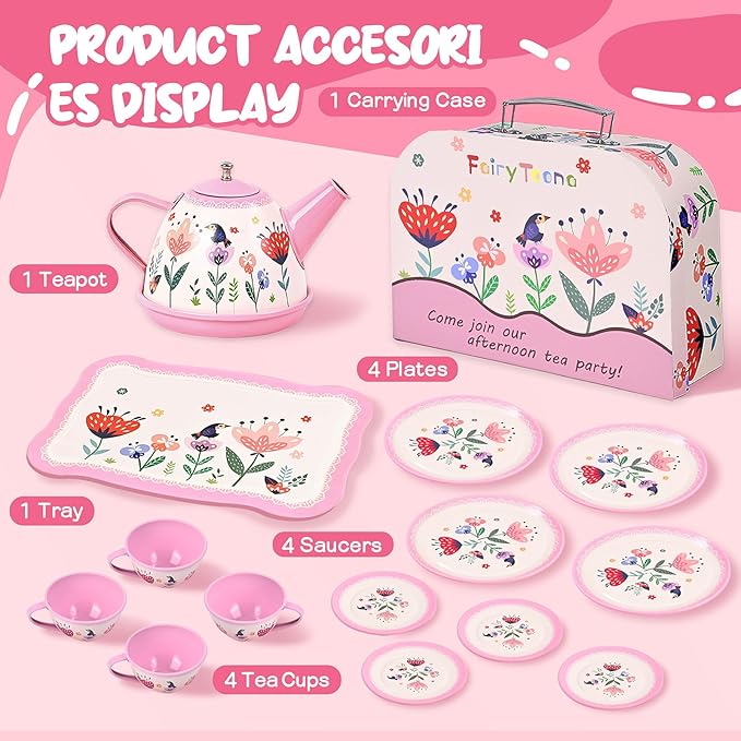 Tea Party Set for Little Girls, Pretend Tin Teapot Set - Image 3