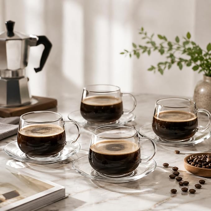 Tosnail 4 Pack Glass Cups and Saucers Set, 11 oz | High Borosilicate Glass Cup - Image 4