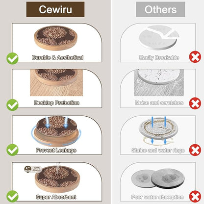 Wood Coasters Set of 6 with Holder, Cewiru Cup Mat - Image 3