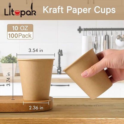 LITOPAK 100 Pack 10 oz Kraft Paper Coffee Cups, Disposable Coffee Cups | - Image 2