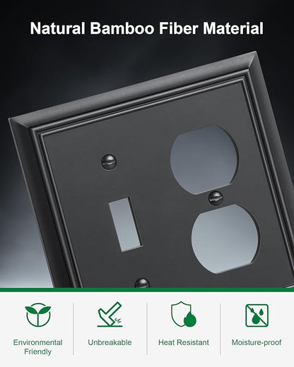 2-Pack Combo Toggle/Duplex Light Switch Cover Plate, Matte Black Outlet Cover Plate, Natural Bamboo Fiber Decorative Wall Receptacle Cover for Electrical Outlets, Light Switch
