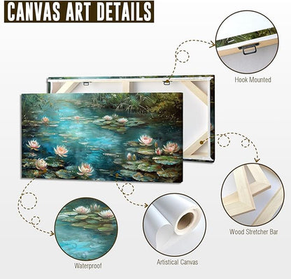 ADJUVANT Wall Art Impressionist Water Lily Pond 60" L x 30" W, Lotus Flower Canvas Painting Nature Artwork Green Water and Pink Blooms Prints Wall Decor for Living Room Bedroom Study Home Office