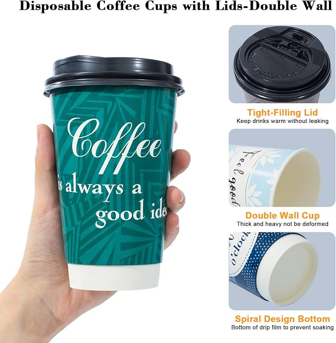 Disposable Coffee Cups with Lids 16 oz, 50 Pack Double-Walled Fun Designs - Image 5