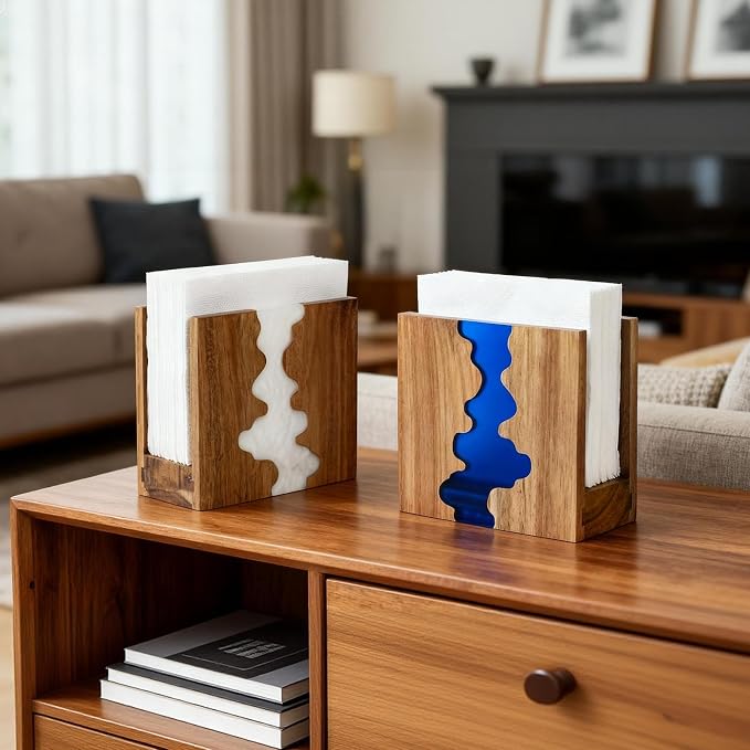 Acacia Wood Napkin Holder for table, Handmade Epoxy Resin Tissue Box Holder - Image 8