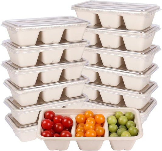 disposable paper bowls 35 oz 3 compartments with lids, Sugarcane For Snack, Dessert, Meal Prep 50 Pack
