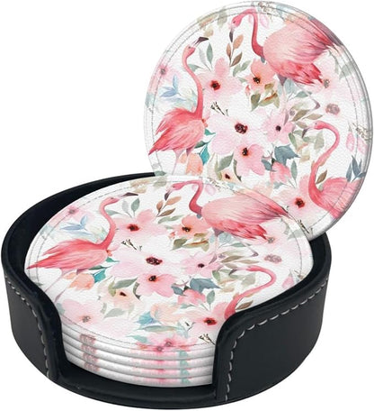 6 Pcs Watercolor Flamingo Tropical Floral Leaves Leather Coasters - Image 2
