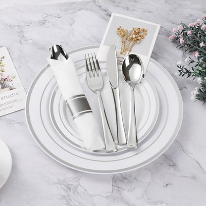 BESTVIP 525PCS Silver Plastic Dinnerware Set for 75 Guests, Disposable Plates for Party, Include: 150 Plastic Plates, 75 Pre Rolled Napkins with Silver Silverware, 75 Cups for Christmas