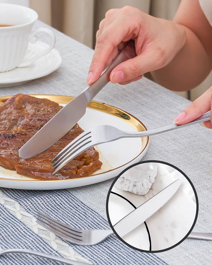 Matte Silverware Set with Steak Knives, 20-Piece Stainless Steel Flatware Set - Image 6