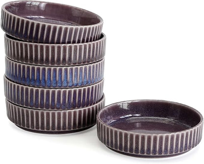 Ceramic Dipping Bowls Set of 6, 4oz Sauce Dishes, 3.74 Inch Diameter, Oxford White with Vertical Texture, Stackable & Dishwasher Safe (Purple)