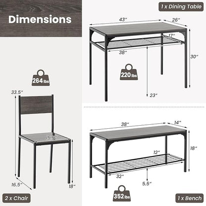 Giantex Dining Table Set for 4, Kitchen Table with Chairs & Bench, Storage Racks, Metal Frame, 4-Piece Space-Saving Dinette Set for Dining Room, Breakfast Nook, Small Space, Apartment, Grey