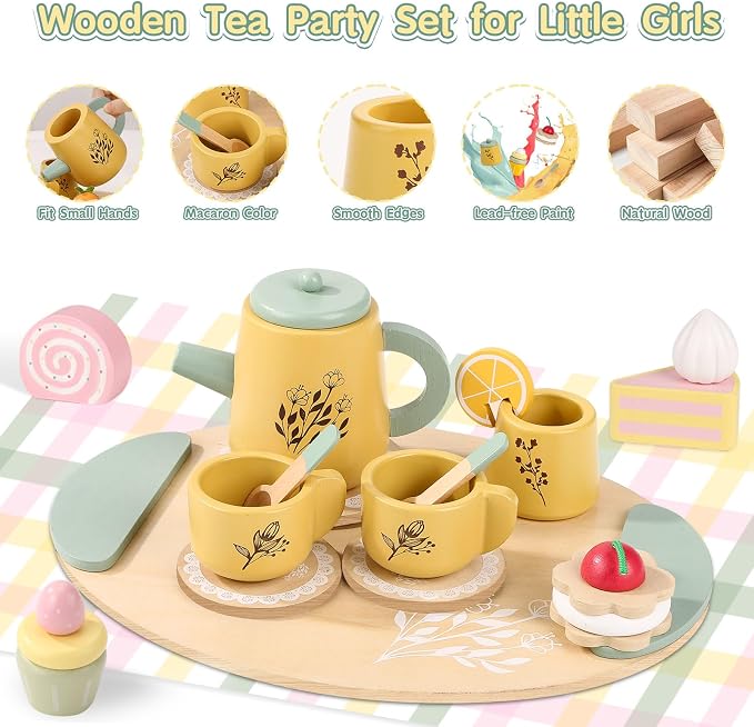 Wooden Tea Party Set for Little Girls Pretend Food Play for Toddler 3-5 | Kids - Image 4