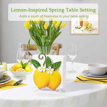 Lemon Napkin Holder for Table - Tissue Holder for Spring Home Decor, Vintage Home Yellow Kitchen Counter Decor and Accessories, Lemon Housewarming Gifts for Women, 3D Handmade Pattern, Metal