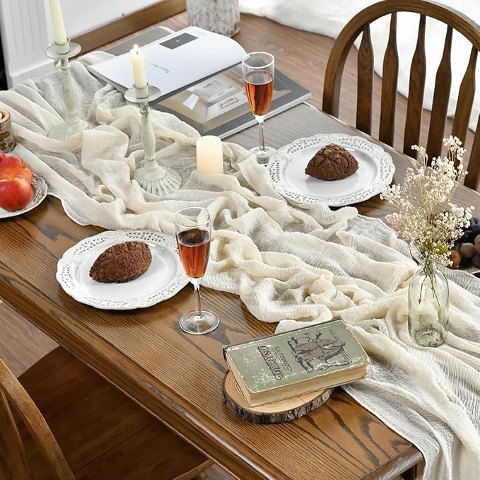 Artoid Mode Boho Beige Gauze 3 Pieces Wedding Table Runner, 120 Inch Birthday - Image 3