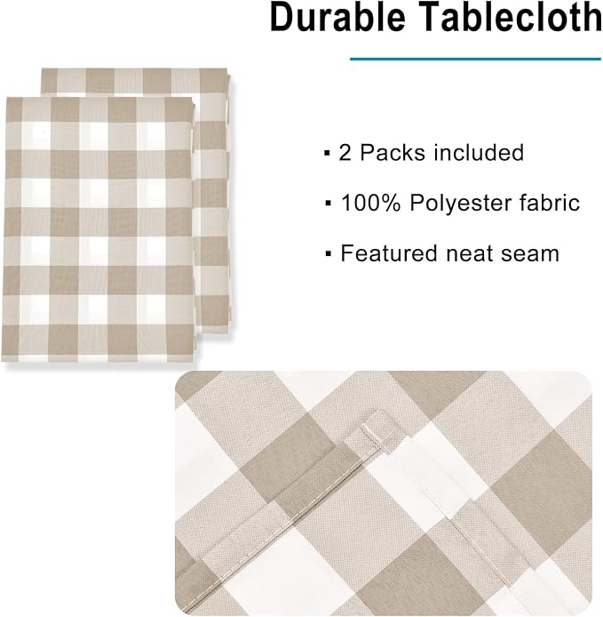 Buffalo Plaid Tablecloth 60 x 102 inch 2 Pack Khaki and White | Waterproof - Image 3