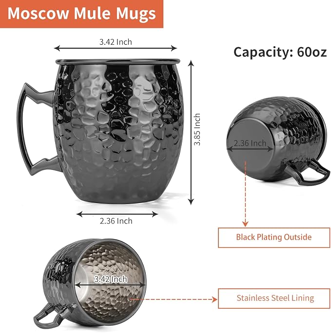 Amrules Moscow Mule Mugs, 16 OZ Black Hammered Mule Cup - Image 3