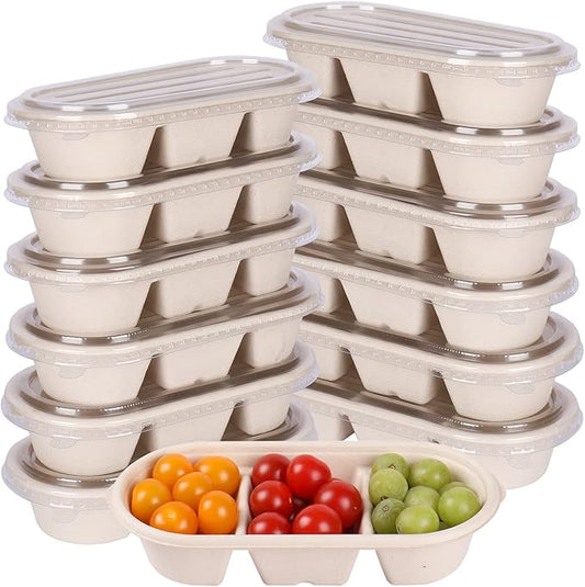 disposable paper bowls 18 oz 3 compartments with lids, Sugarcane Fiber For Snack, Dessert, Meal Prep 50 Pack