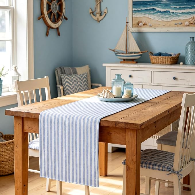 6 Pcs Blue and White Stripe Table Runner, 13 x 72 Inch | Linen Kitchen Dining - Image 6