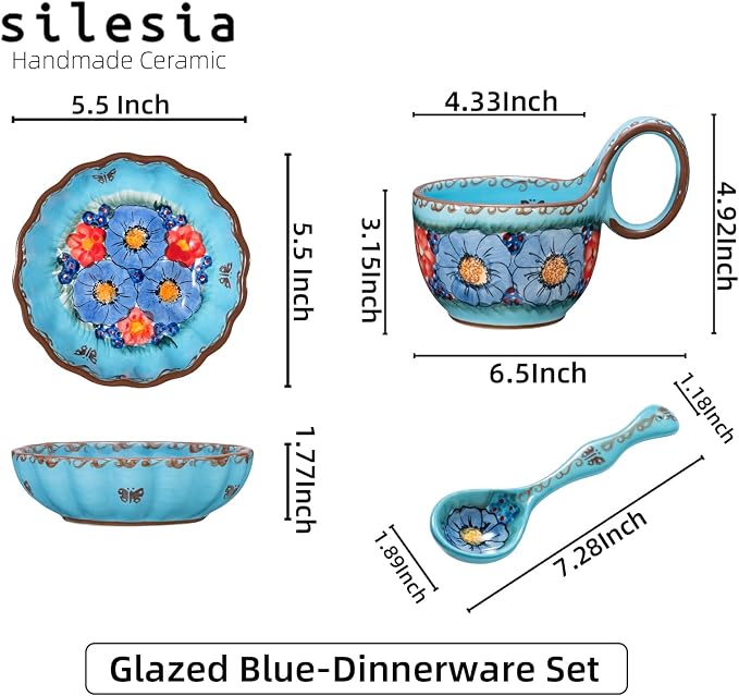 silesia Handmade Loop Handle Soup Bowl, Plate and Spoon Set Ceramic Hand - Image 8