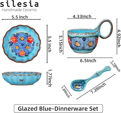 silesia Handmade Loop Handle Soup Bowl, Plate and Spoon Set Ceramic Hand - Image 8