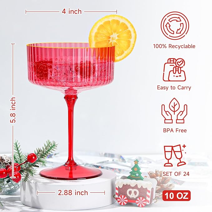24 PCS Plastic Ribbed Martini Glasses 10 oz Detachable Gold Rim Red Ribbed Coupe Glasses Vintage Christmas Martini Cocktail Glass for Bar,Margarita,Gin,Tequila, Desserts and Snacks