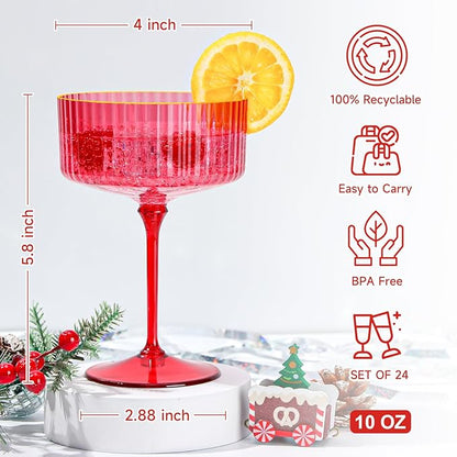24 PCS Plastic Ribbed Martini Glasses 10 oz Detachable Gold Rim Red Ribbed Coupe Glasses Vintage Christmas Martini Cocktail Glass for Bar,Margarita,Gin,Tequila, Desserts and Snacks