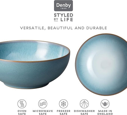 Denby - Azure Haze Coupe Cereal Bowls Set of 6-820ml, 6.75in - Dishwasher Microwave Safe - Blue Teal Reactive Glaze Ceramic Stoneware Soup Bowls Tableware - Scratch Chip Resistant