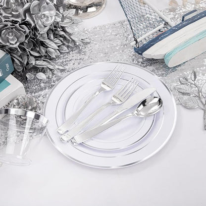 WELLIFE 300Pcs Silver Elegant Plastic Dinnerware Set for 50 Guests - Premium Disposable Party Supplies Includes Dinner Plates, Salad Plates, Cups & Flatware Set for Wedding, Anniversary, Banquet