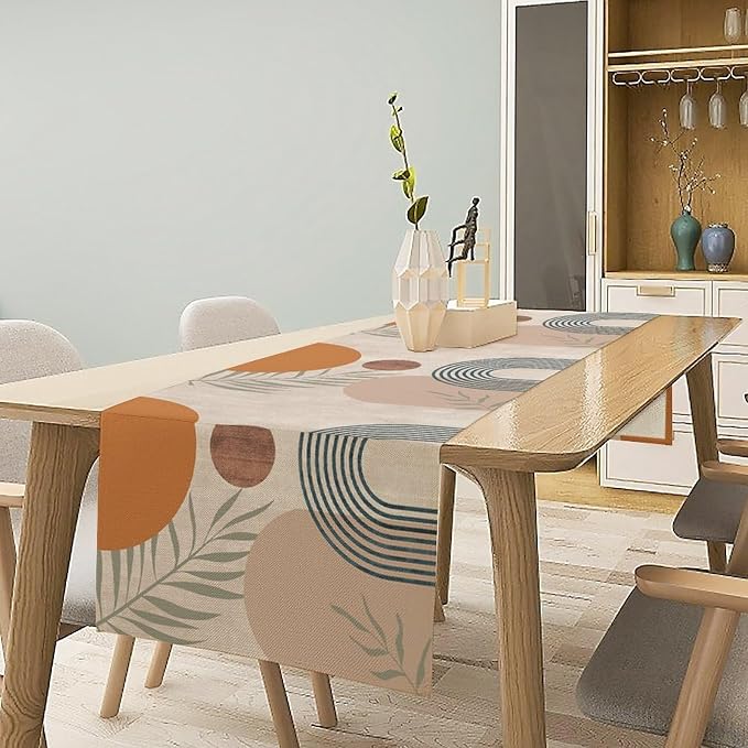 Abstract Mid Centruy Table Runner Retro Boho Tropical Leaves Sun Geometric Arch - Image 2