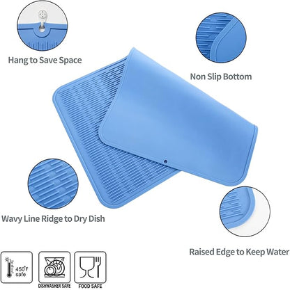 Silicone Dish Drying Mat for Multiple Usage,Easy clean,Eco-friendly,Heat-resistant Silicone Mat for Kitchen Counter or Sink,Refrigerator or Drawer Liner Lichen BlueL 4XL 32 inches x 18 inches