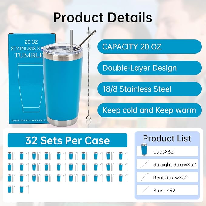 IEOVIEE 32 Pack 20oz Stainless Steel Insulated Bulk Tumblers - Image 2