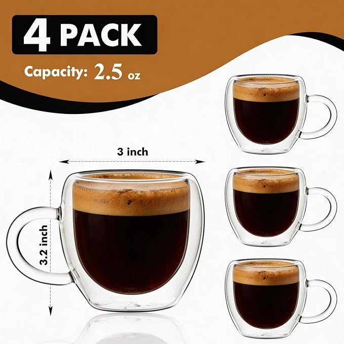 2.5oz Espresso Cups Set of 4, Small Expresso Shot Glass, Double Wall Insulated - Image 2