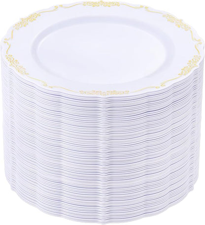 DaYammi 60PCS White and Gold Plastic Plates, Disposable Heavy Duty Plates Premium 7.5inch White Dessert Cake Salad Appetizer Plates Hard Plastic Platos Disposable for Party Wedding