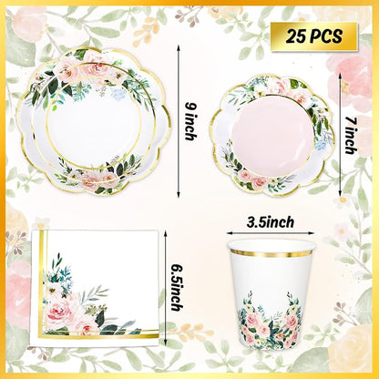 Whaline 100Pcs Pink Floral Paper Tableware Set Spring Flower Gold Foil - Image 2
