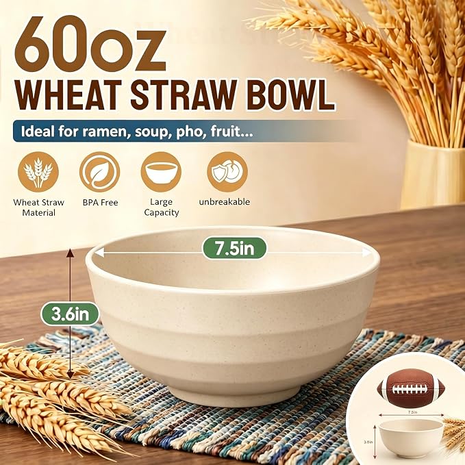Large Salad Bowls 60oz, Unbreakable Wheat Straw Bowls Sets of 8, Meal Prep Bowls - Image 2